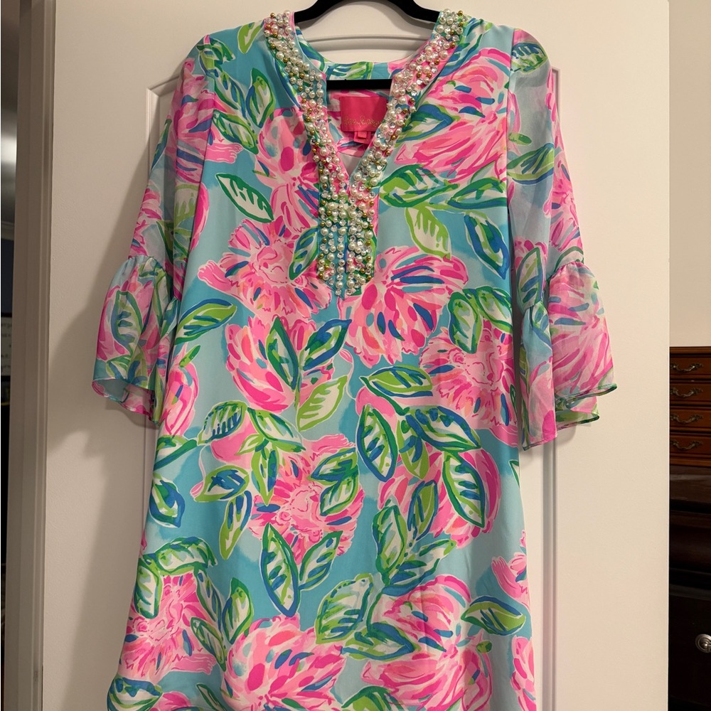 Lilly Pulitzer Elenora Aqua Shift Dress with Pink Floral & Beaded V-Neck